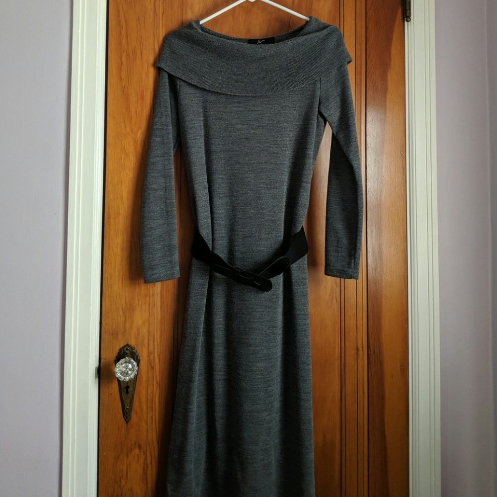Gray cowl-neck sweater dress with belt